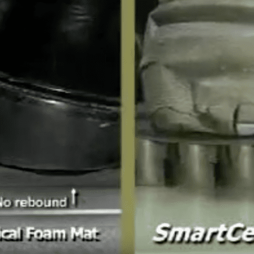 close up image of a person standing on foam compared to smartcells cushioning technology