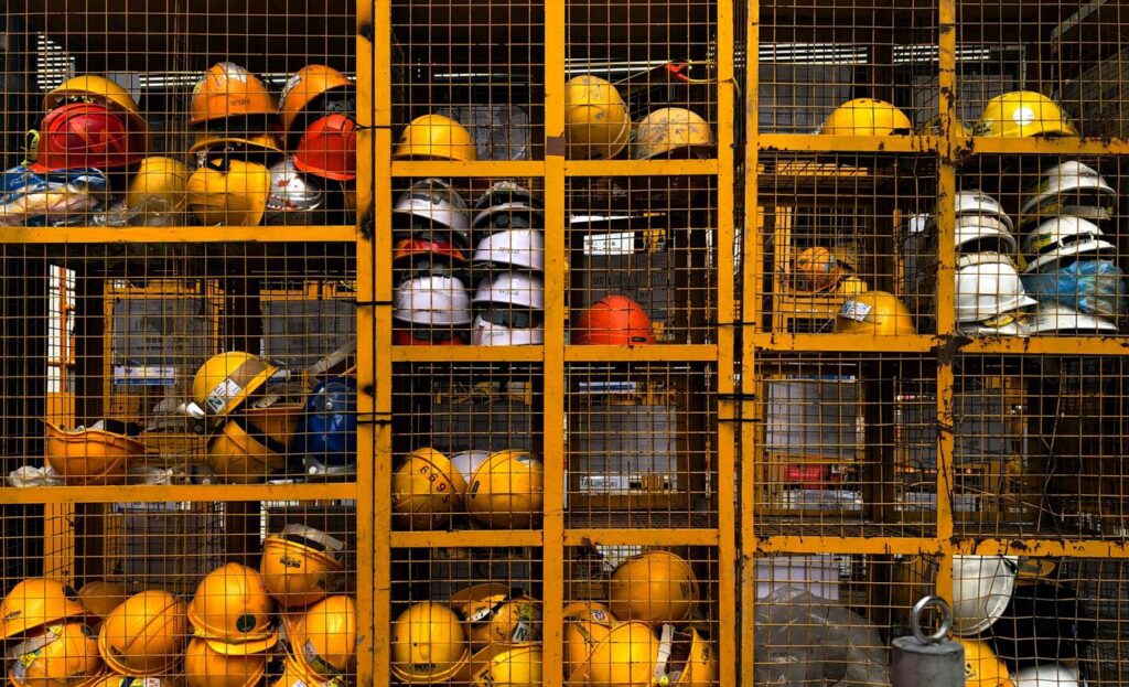 Construction hats inside of storage locker