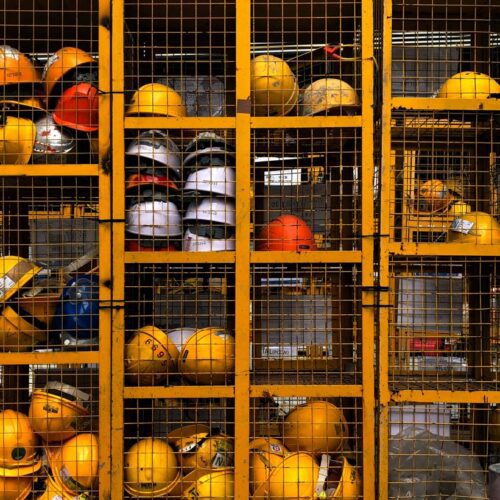 Construction hats inside of storage locker